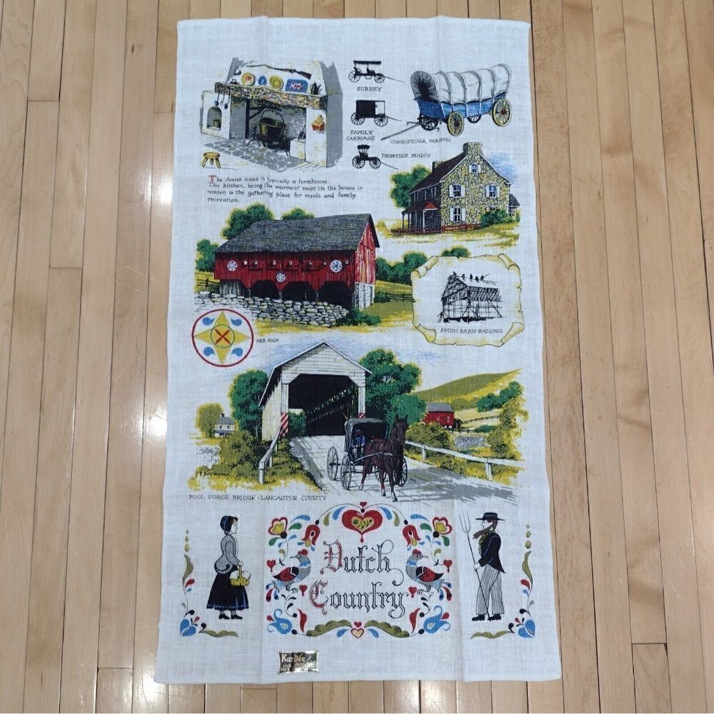 Vintage KayDee Hand Prints Pure Linen Tea Towel Dutch Country Amish Pennsylvania